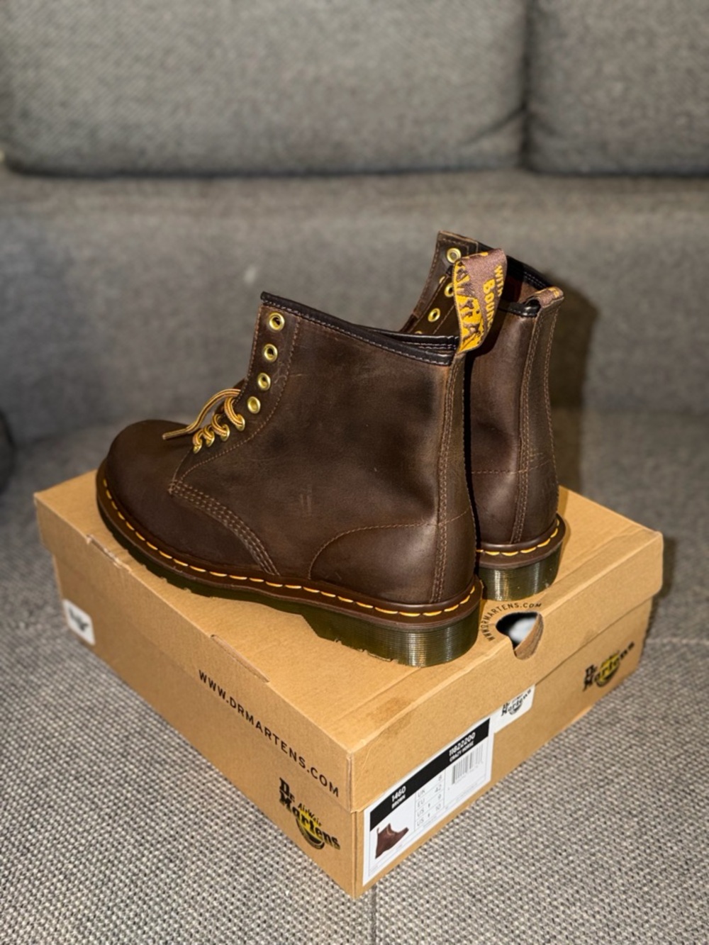 Dr. Martens Men's Dark Brown 6-Eye Leather Boots with Yellow Stitching - Picture 2 of 3